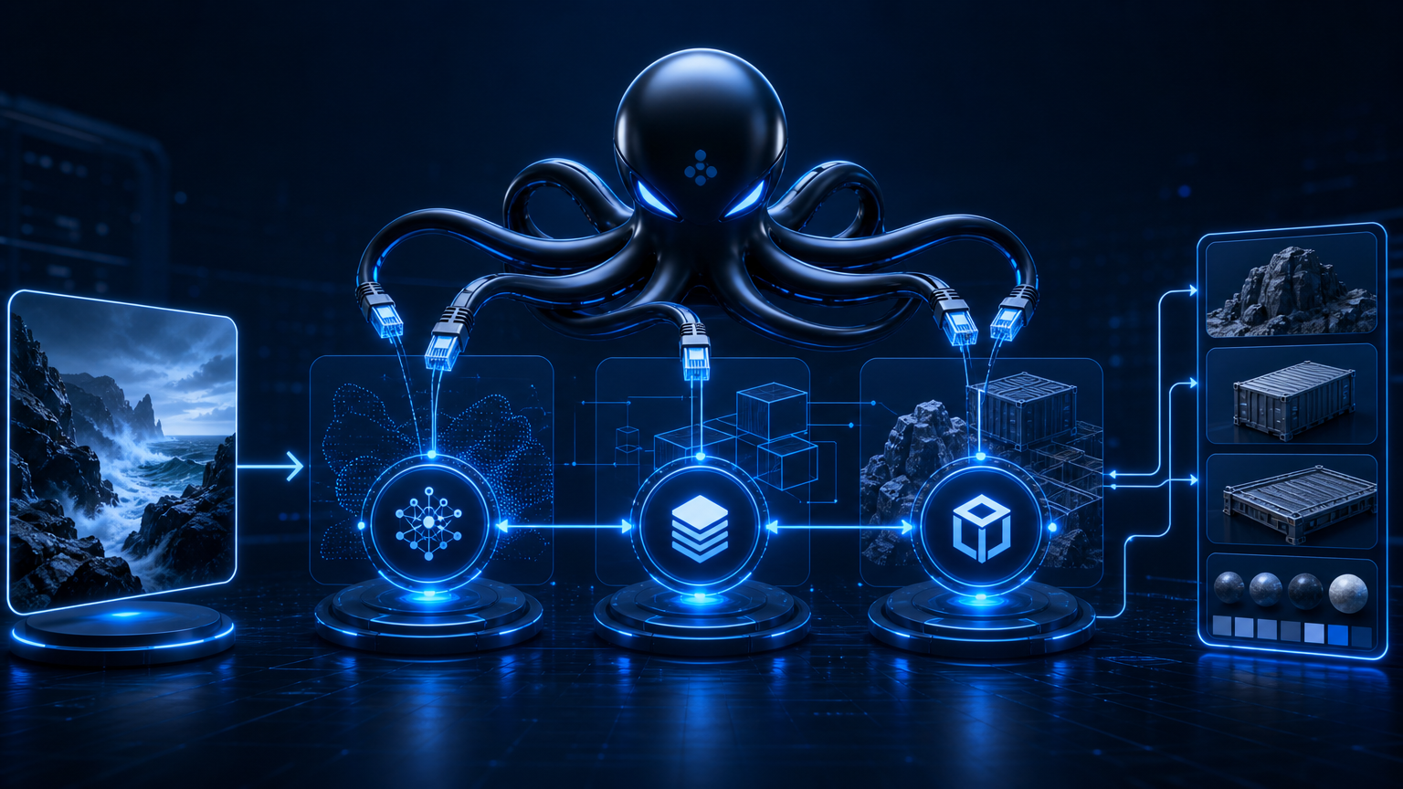 Abstract blue visual intelligence workflow showing image input flowing through semantic understanding, structured generation, and asset output stages, octopus routing nodes connecting each layer, clean tech aesthetic