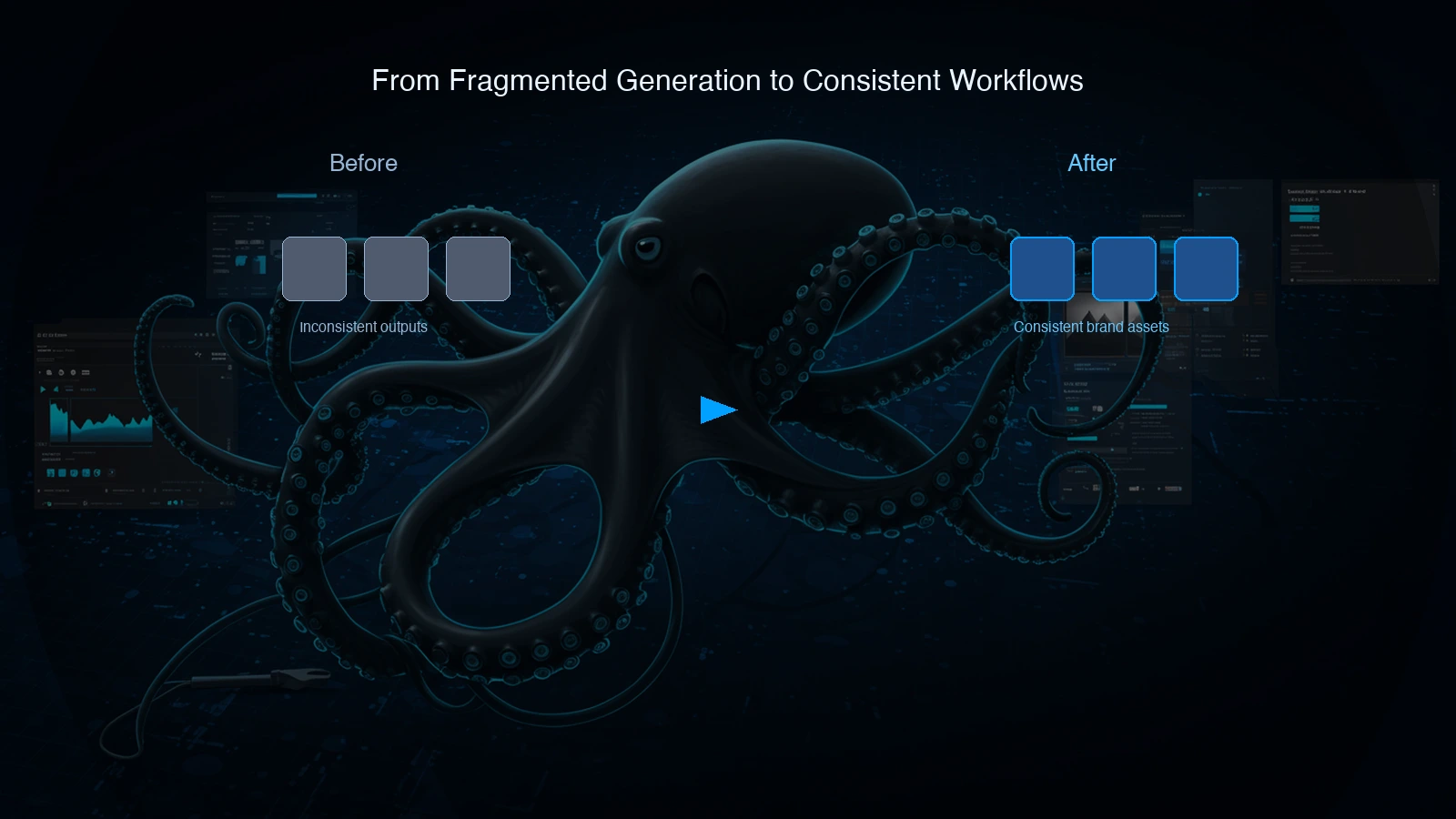 Abstract blue workflow diagram showing stable reference anchors flowing into approved visual variants