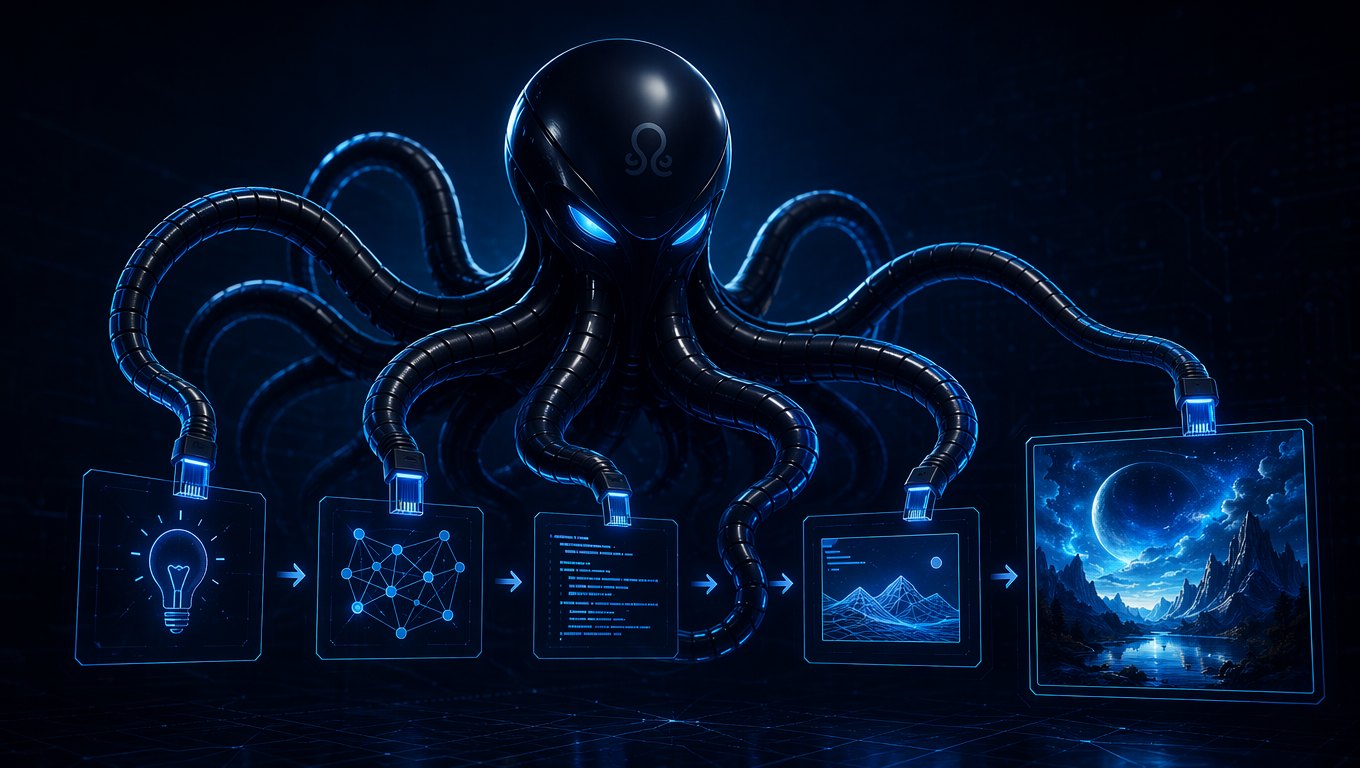 Sleek black octopus with glowing blue cable-tentacles guiding a luminous AI image creation workflow from idea to final visual, deep blue dark background, futuristic OpenOctopus tech aesthetic