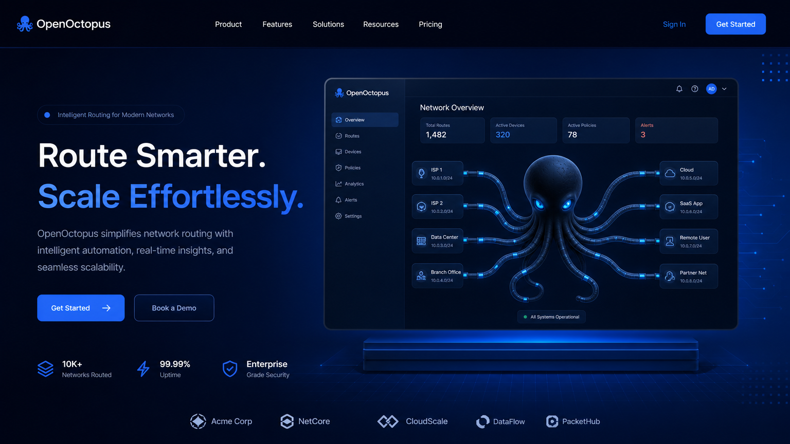 Clean blue browser-based image editing playground interface with upload, prompt, and refined output panels, octopus routing visual, futuristic OpenOctopus tech aesthetic