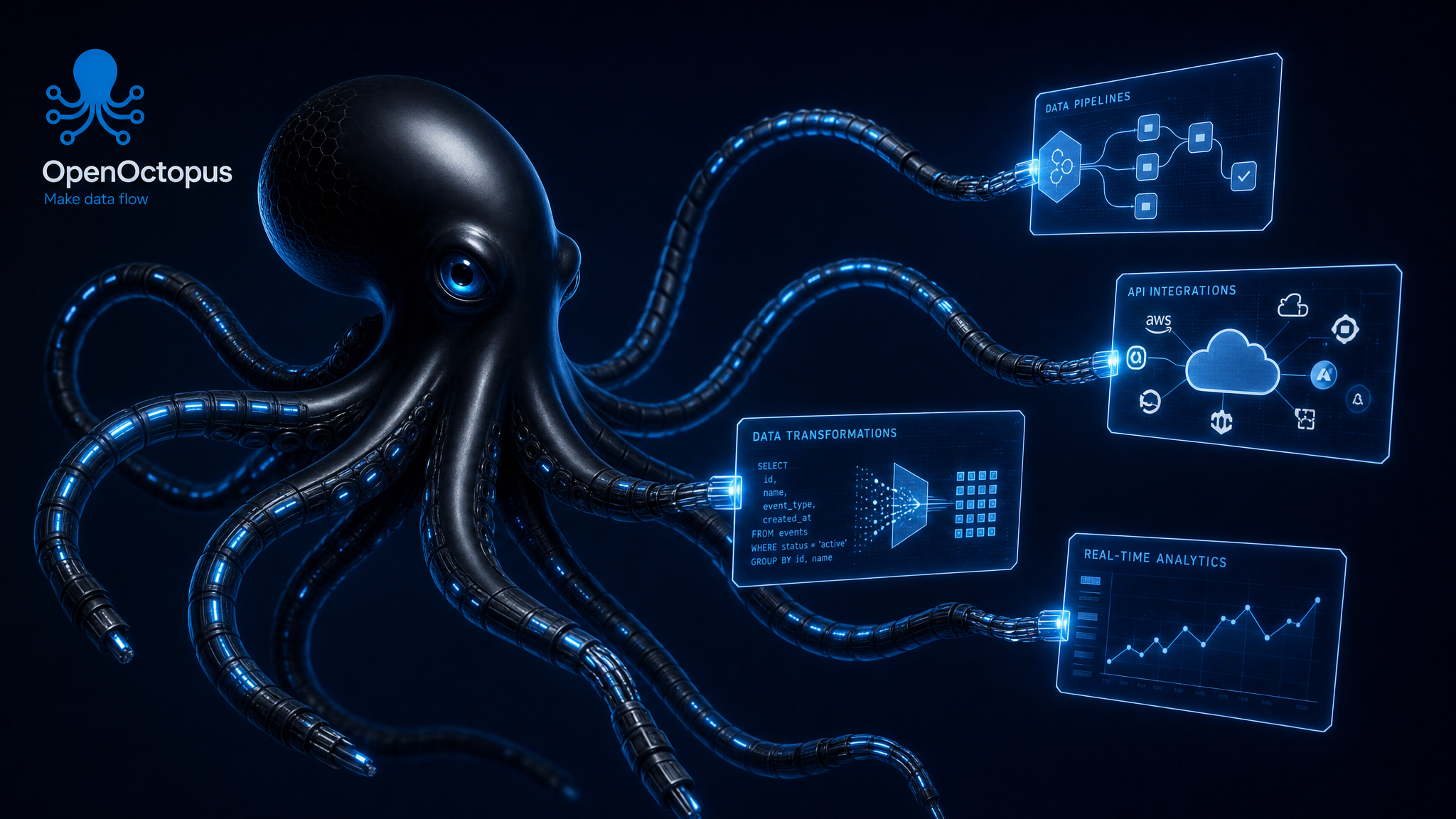 Sleek black octopus with glowing blue cable-tentacles interacting with a luminous online image editing playground, deep blue dark background, futuristic OpenOctopus tech aesthetic