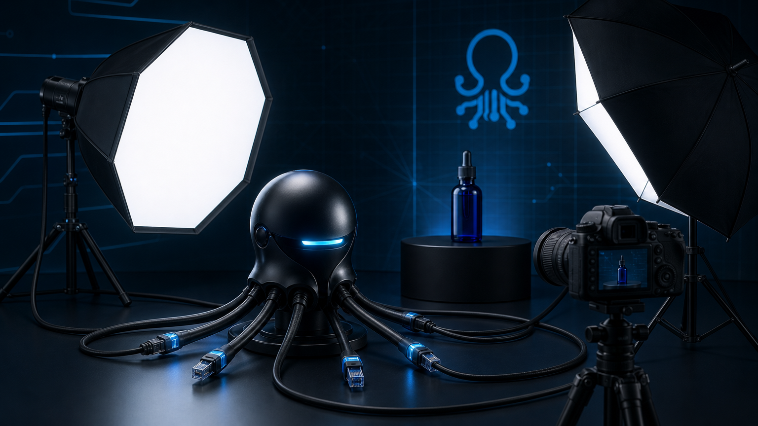 Clean professional photography studio setup with soft diffused lighting, camera on tripod, and octopus-shaped routing hub connecting light modifiers, crisp product photography aesthetic