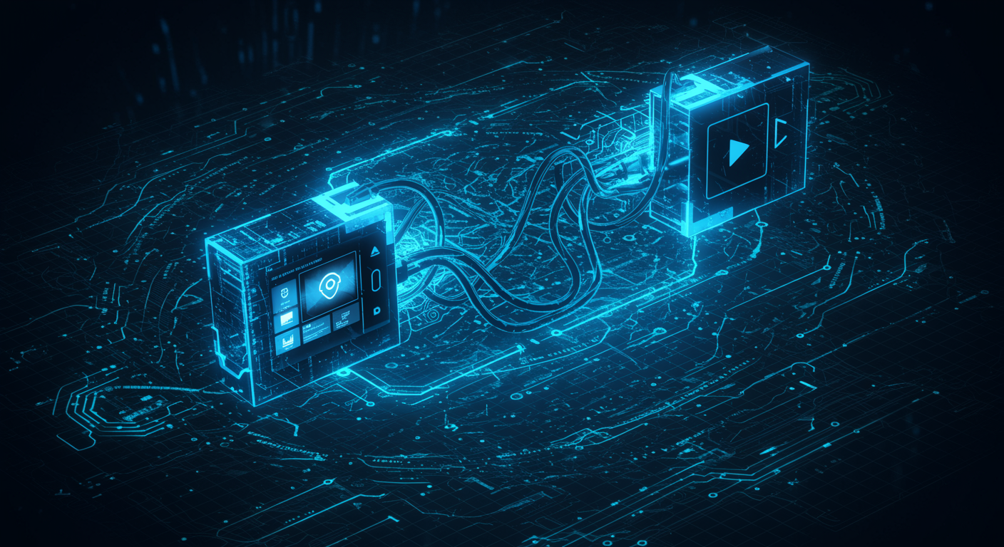 Abstract blue multimodal video generation architecture showing text, image, audio, and video inputs merging into cinematic output, futuristic tech aesthetic