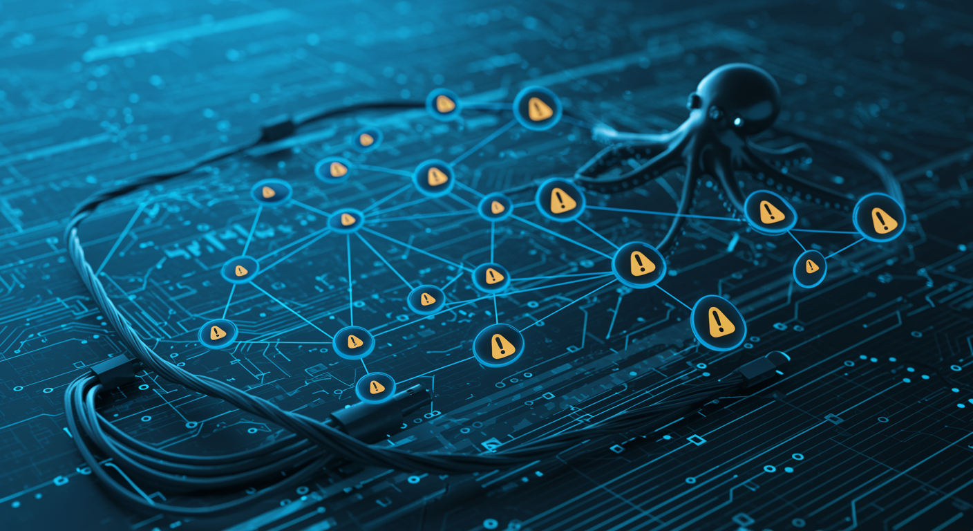 Structured blue network with warning indicator nodes showing production risks, technical risk visualization