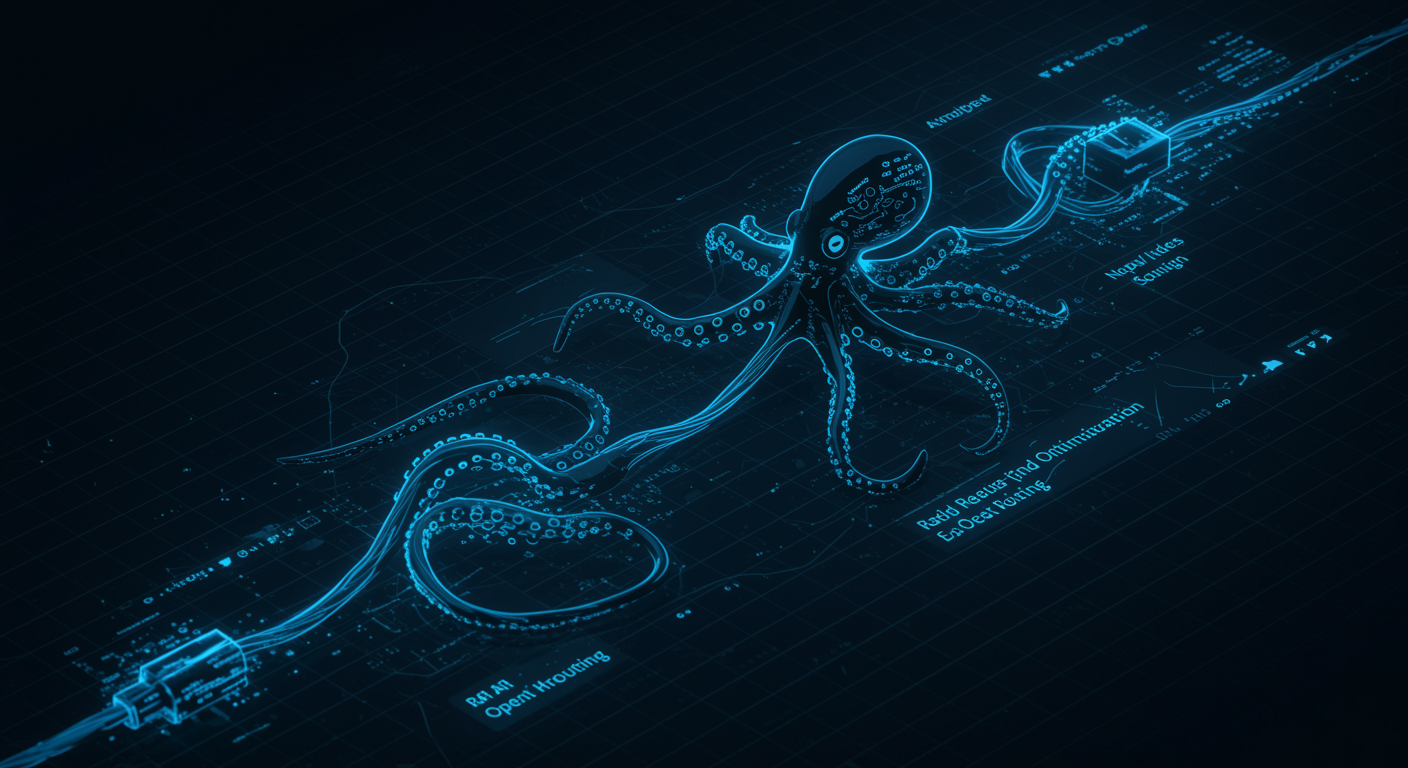 Clean blue fast video API latency optimization diagram showing rapid request routing through OpenOctopus, infrastructure visualization with octopus nodes