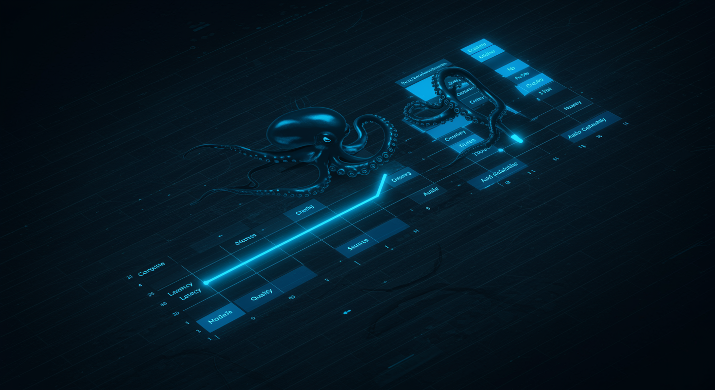 Clean blue competitive video generation matrix showing models positioned across latency, quality, and audio capabilities, octopus brand visual elements, data-driven aesthetic