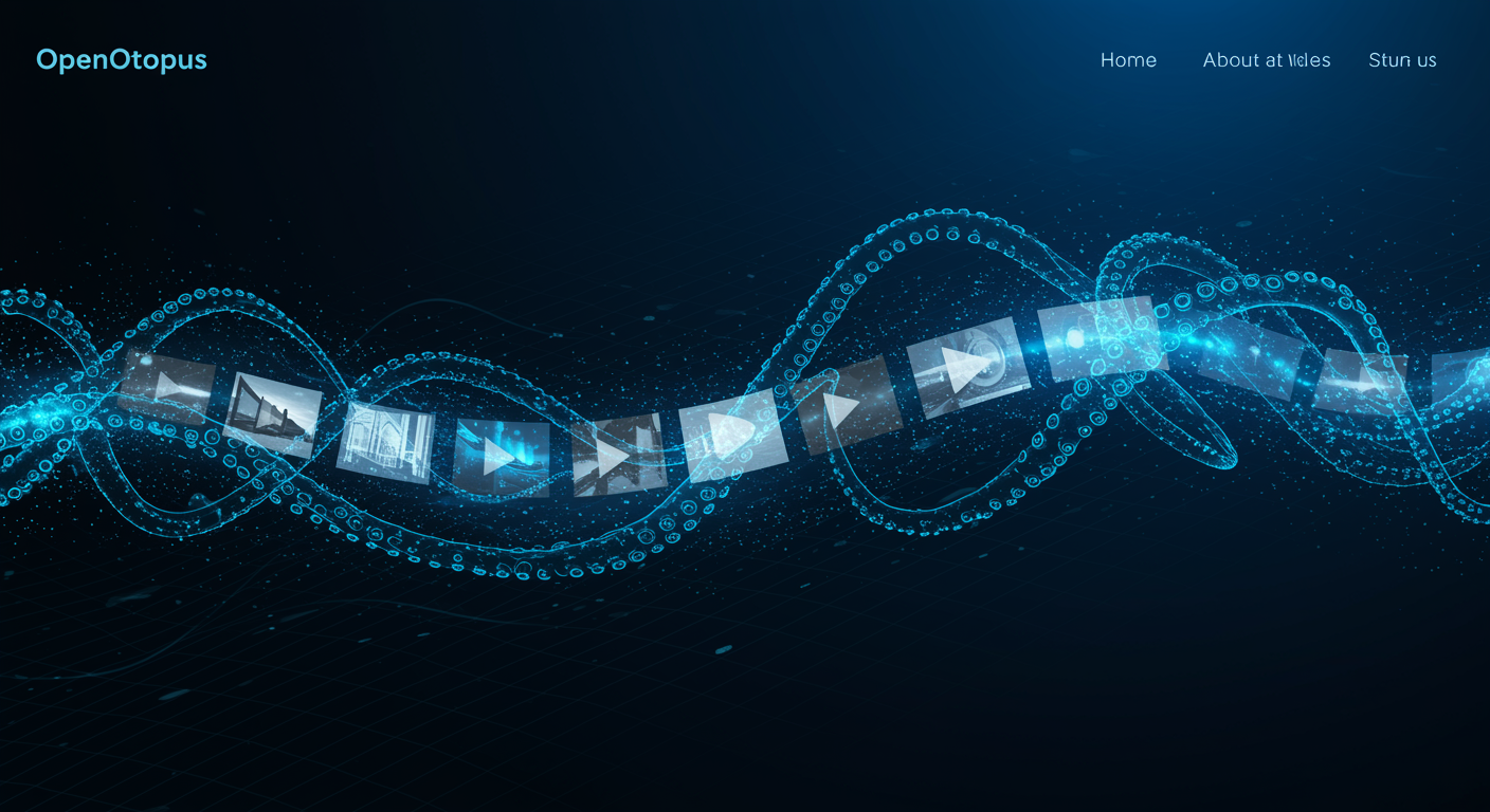 Abstract blue high-speed video generation pipeline showing text and image inputs transforming into flowing video clips through accelerated neural pathways, octopus cable-tentacles routing frames at speed, futuristic tech aesthetic
