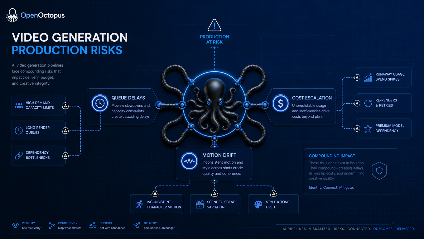 Structured blue warning network showing video generation production risks across queue delays, cost escalation, and motion drift, octopus connector nodes highlighting failure points, technical risk visualization