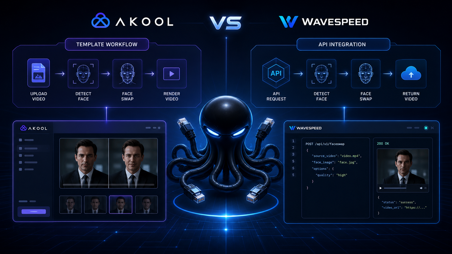 Akool vs WaveSpeed video face swap comparison hero showing two parallel pipelines, marketing template UI and API integration dashboard