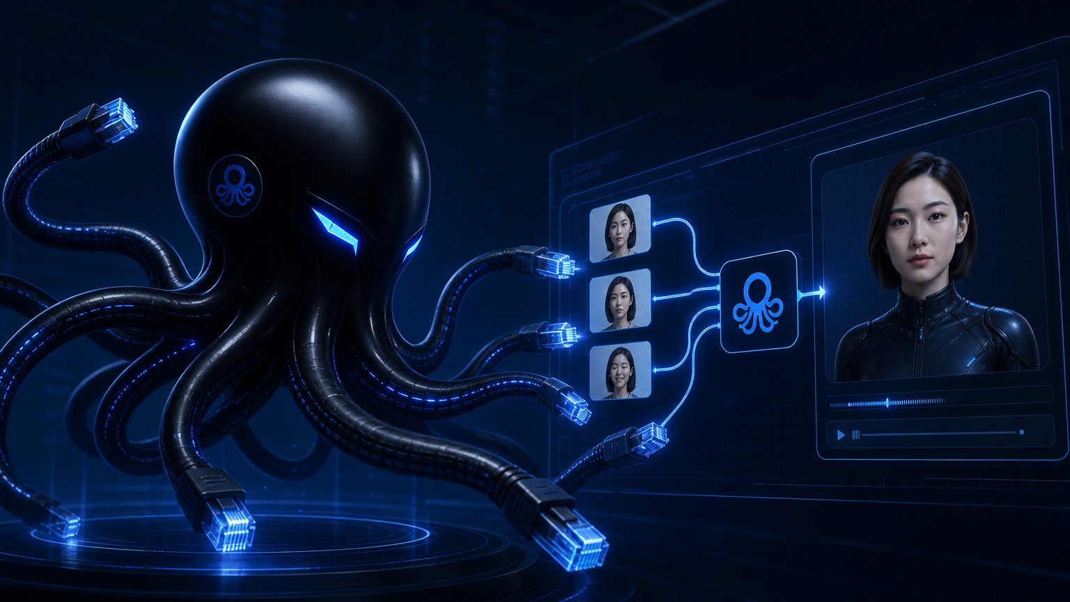 Black octopus routing face swap frames into an avatar video creation interface, glowing blue cable-tentacles, futuristic OpenOctopus tech aesthetic