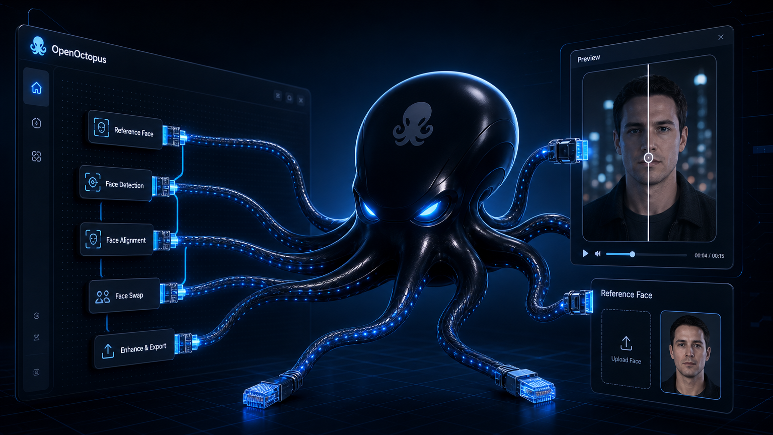 Sleek black octopus with glowing blue cable-tentacles routing video face swap pipeline through futuristic OpenOctopus creator interface, vertical video preview and reference face upload, clean tech aesthetic