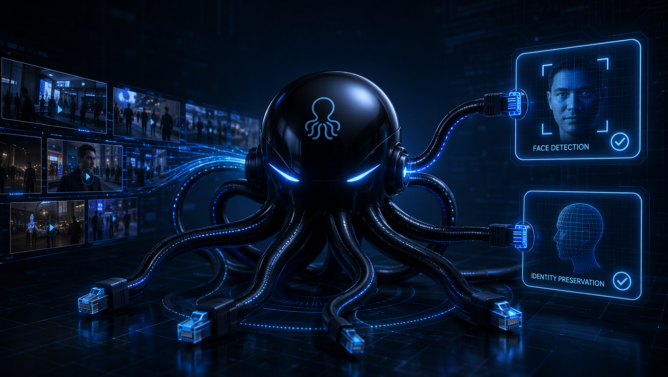 Sleek black octopus routing video frames through face detection and identity preservation nodes, glowing blue cable-tentacles, futuristic OpenOctopus tech aesthetic