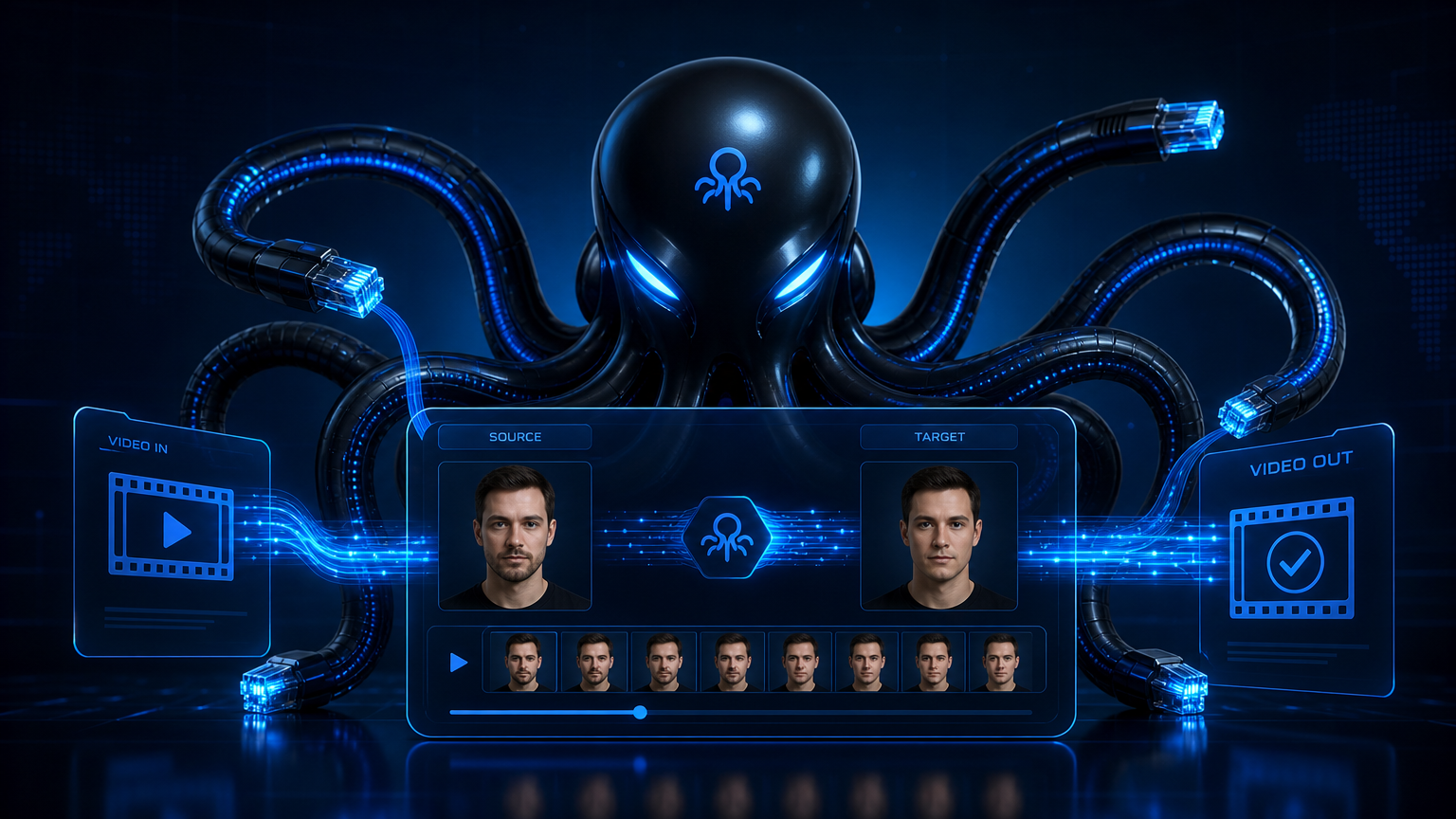 Sleek black octopus with glowing blue cable-tentacles routing face swap video requests through futuristic OpenOctopus interface, source face transforming into target face across video frames, clean tech aesthetic