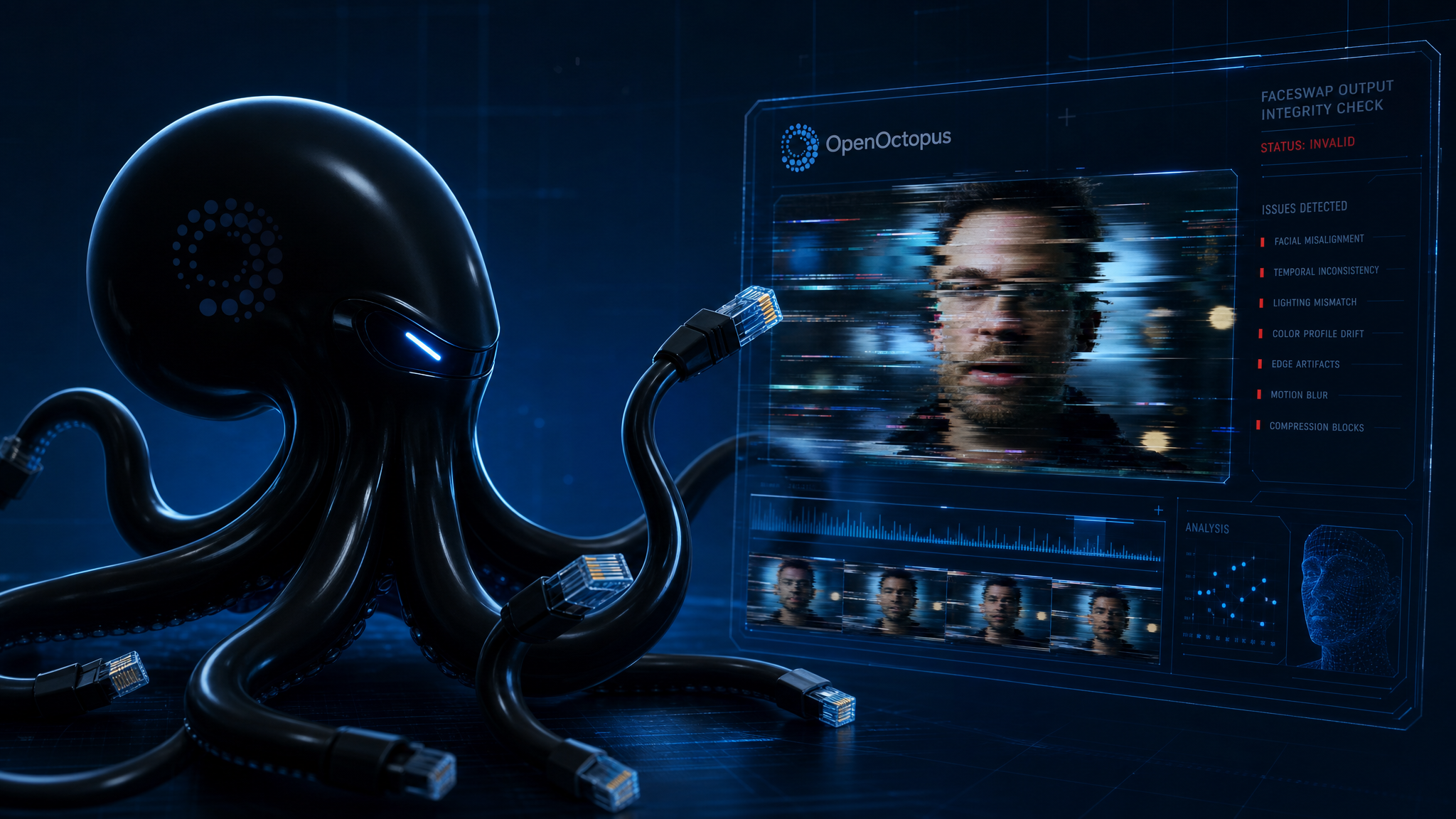 Sleek black octopus inspecting a fragmented video faceswap output with motion blur and lighting artifacts, deep blue dark background, futuristic tech aesthetic